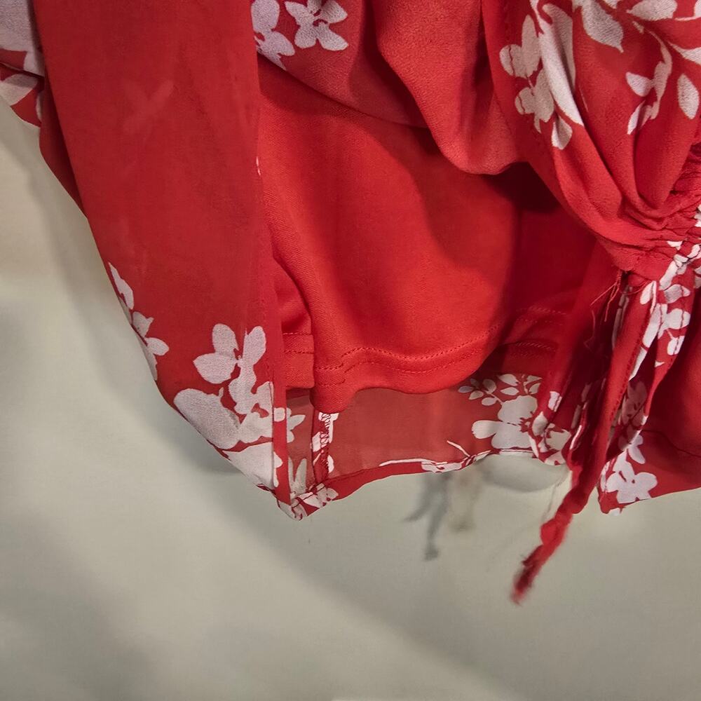 NEW NWT Women's Apricot Red & White Floral Ruch Front V-Neck Dress | Size 6 - Picture 10 of 13